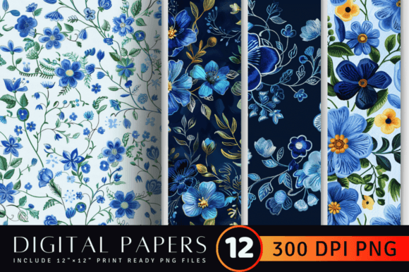 Blue Embroidery Flowers Digital Paper