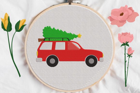 Christmas Car with Tree Embroidery