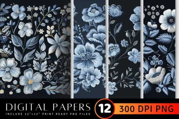 Dusty Blue Floral Embroidery Digital Pap