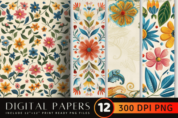 Retro Floral Embroidery Digital Paper Ba